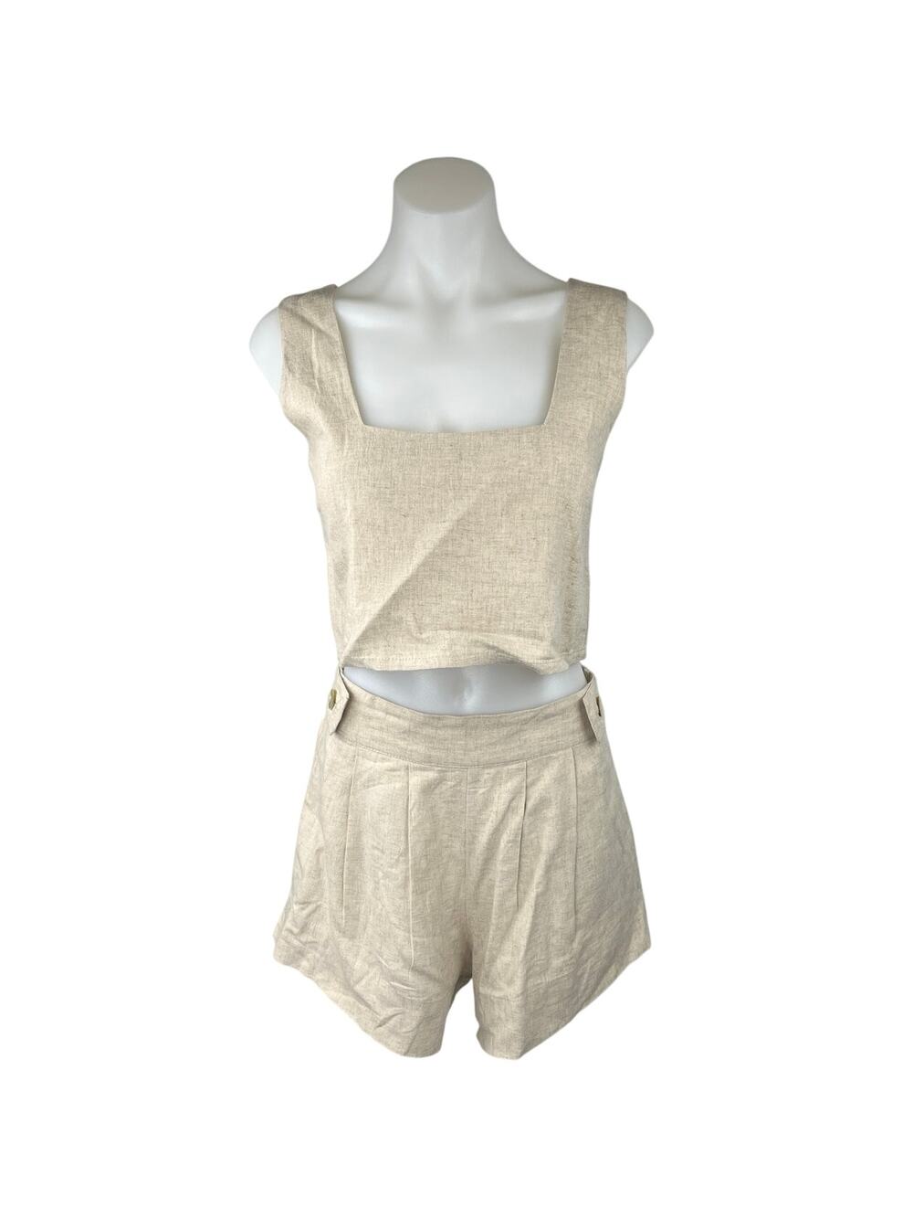 Free The Label Beige Linen Sleeveless Crop Top & High Waist Shorts 2 Piece Set S